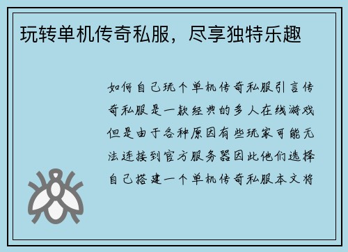 玩转单机传奇私服，尽享独特乐趣